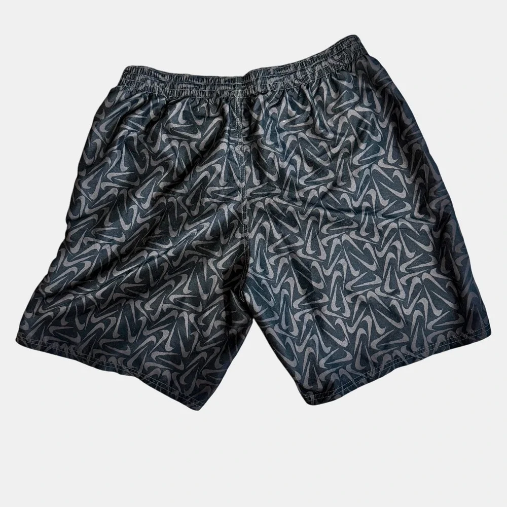Rare Nike Swim Trunks Men XL Black Swoosh All Over Print Mesh Lined Board Shorts